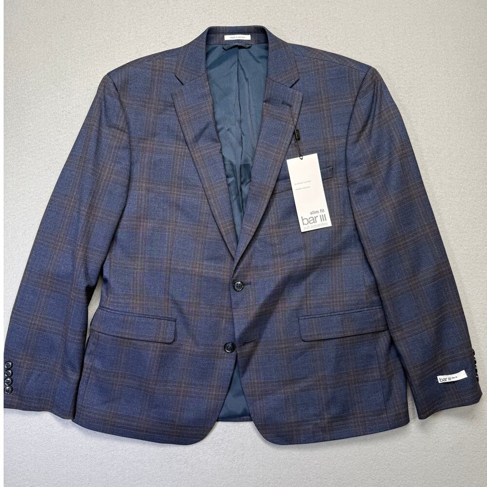 Bar III Men's Slim-Fit Wool Blend Suit Jacket Navy Plaid 44S $425